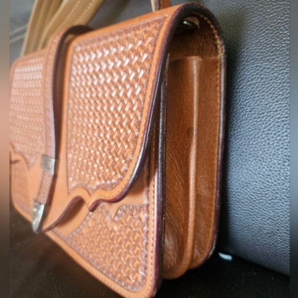 Custom Hand Tooled Tackery Crossbody Basket Weave Saddlery Bag Cowhide Purse - Picture 4 of 12